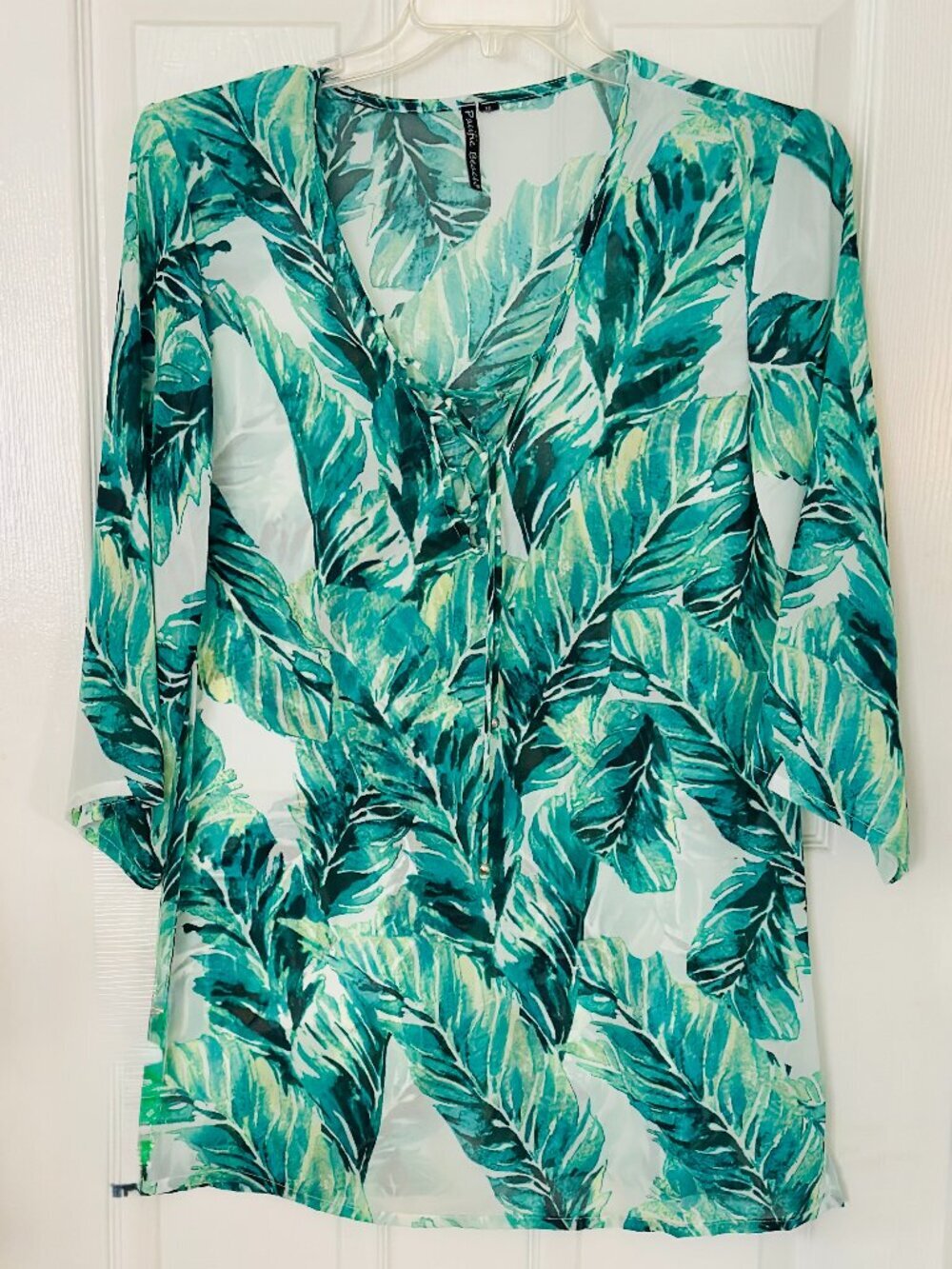 Pacific Beach Cover Up or Tunic Tropical Palm Leaf Sheer Tie Front Medium